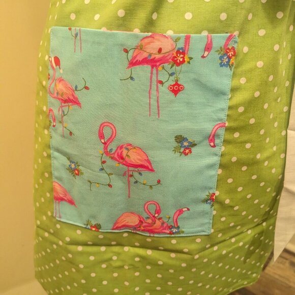NWT Handmade Reversible Apron - Christmas flamingos and dots - One Size - Picture 4 of 4